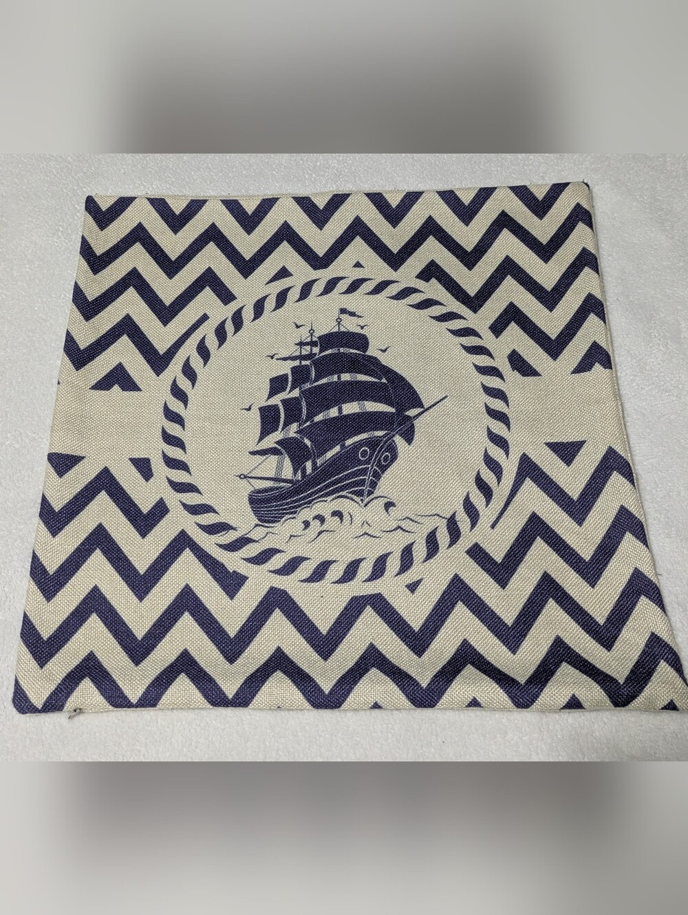 Nautical Navy Blue Chevron Sailboat Linen Throw Pillow Case Cover 16x16 Coastal